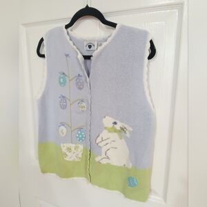 Pastel Blue and Green Bunny Vest Easter Teacher Embroidered Knit Artsy Novelty